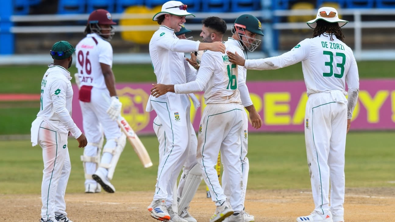 Maharaj's 28-over spell applies squeeze on West Indies on rain-affected day
